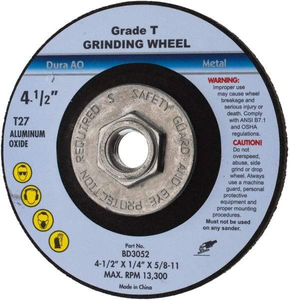 Value Collection - 24 Grit, 4-1/2" Wheel Diam, 1/4" Wheel Thickness, Type 27 Depressed Center Wheel - Aluminum Oxide, U Hardness, 13,300 Max RPM - Americas Industrial Supply