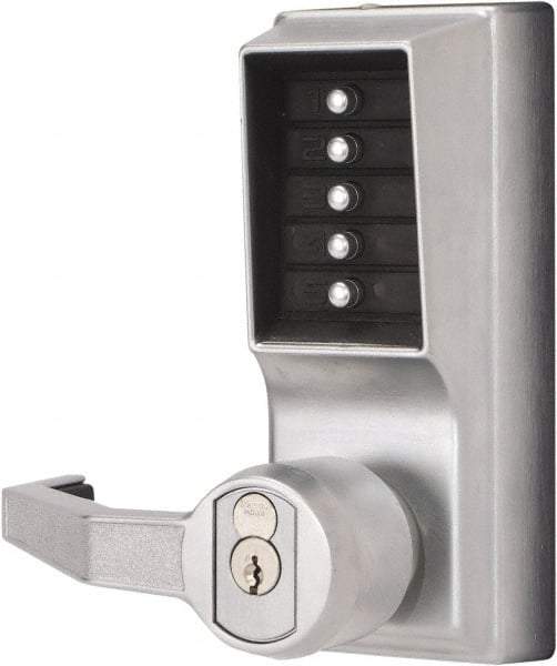 Kaba Access - Combination Entry Lever Lockset with Key Override - 2-3/4" Back Set, No Cylinder, Zamak3, Satin Chrome Finish - Americas Industrial Supply