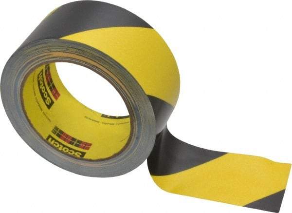 3M - Black & Yellow Striped Vinyl Tape - 2" Wide x 108' Long x 5.4 mil Thick, General Traffic - Americas Industrial Supply