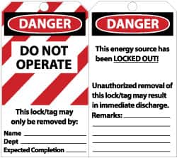 NMC - 3" High x 6" Long, DANGER - DO NOT OPERATE - THIS LOCK/TAG MAY ONLY BE REMOVED BY: NAME___ DEPT___ EXPECTED COMPLETION___, English Safety & Facility Lockout Tag - Tag Header: Danger, 2 Sides, Black, Red & White Unrippable Vinyl - Americas Industrial Supply
