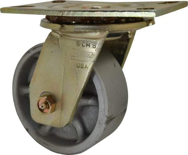 Albion - 5" Diam x 2" Wide x 6-1/2" OAH Top Plate Mount Swivel Caster - Semi-Steel, 1,750 Lb Capacity, Sealed Roller Bearing, 4-1/2 x 6-5/16" Plate - Americas Industrial Supply
