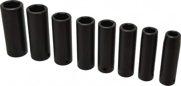 Proto - 8 Piece 1/2" Drive Black Finish Deep Well Impact Socket Set - 6 Points, 1/2" to 15/16" Range, Inch Measurement Standard - Americas Industrial Supply