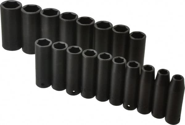 Proto - 18 Piece 1/2" Drive Black Finish Deep Well Impact Socket Set - 6 Points, 10mm to 27mm Range, Metric Measurement Standard - Americas Industrial Supply