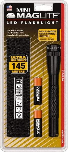 Mag-Lite - White LED Bulb, 97 Lumens, Mini Flashlight - Black Aluminum Body, 2 AA Alkaline Batteries Included - Americas Industrial Supply