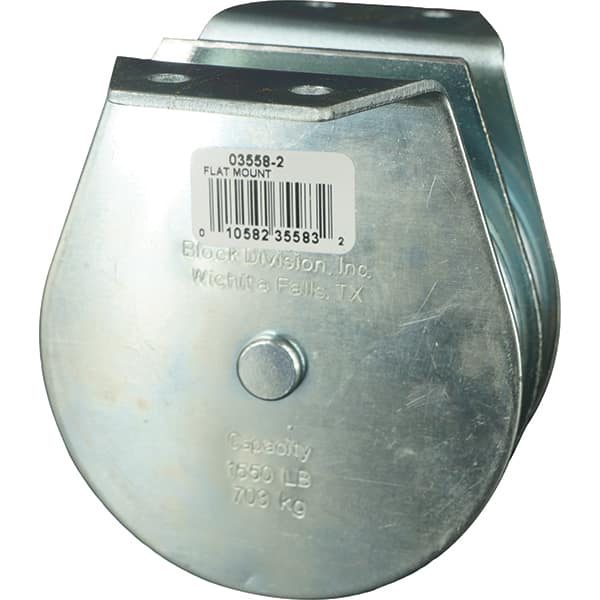 Block Division - 1, 550 Lbs. Load Limit, Flat Standard Block - Upright Mount, Double Sheave, 3-1/2 Inch Outside Diameter, Wire Rope, 5/16 Inch Diameter, Eye, 1-3/16 Inch Inside Diameter, Carbon Steel, Zinc Plated Finish - Americas Industrial Supply