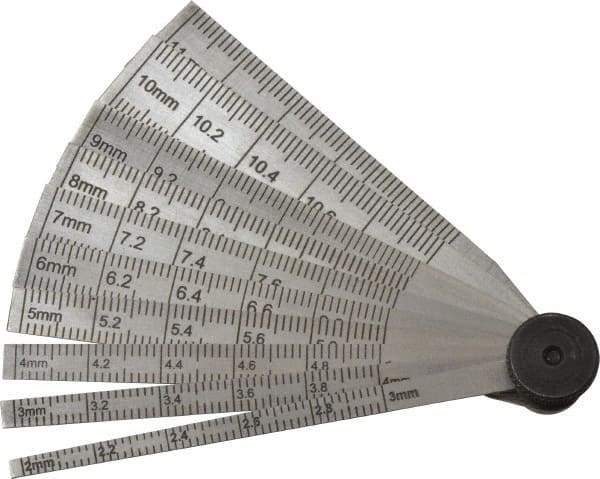 SPI - 2 to 12mm Measurement, 10 Leaf Taper Gage - 64mm Long, Tempered Steel, 0.02mm Graduation - Americas Industrial Supply