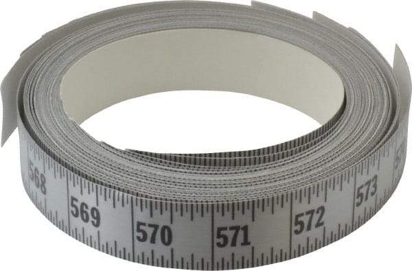 Made in USA - 48 Ft. Long x 1 Inch Wide, 1/16 Inch Graduation, Silver, Mylar Adhesive Tape Measure - Reads Left to Right, Horizontal Scale - Americas Industrial Supply
