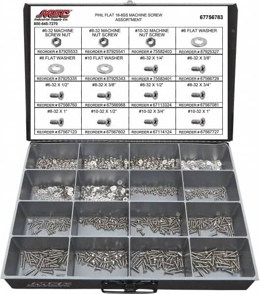 Value Collection - 1,400 Piece, #6-32 to #10-32, Stainless Steel Machine Screw Assortment - Flat Head, Phillips Drive, 1/4 to 1" Long, Grade 18-8 - Americas Industrial Supply