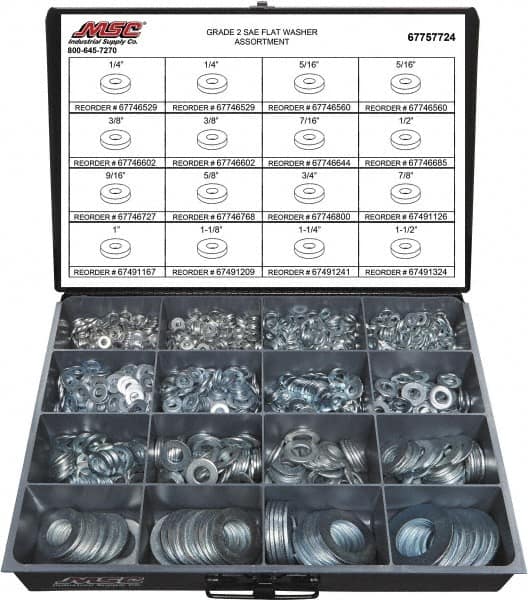 Value Collection - 1840 Piece, 1/4 to 1-1/2" Screw, Grade 2 Steel SAE Flat Washer Assortment - Includes 1/4 to 1-1/2" Screw & Compartmented Storage Case - Americas Industrial Supply