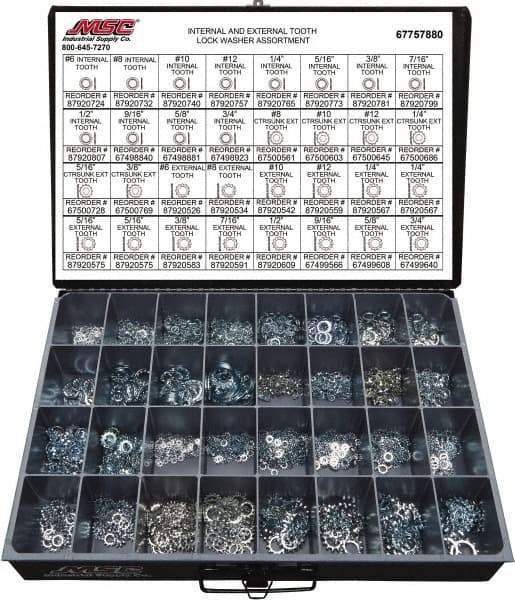 Value Collection - 2550 Piece, No. 6, 3/4" Screw, Grade 2 Steel External & Internal Tooth Lock Washer Assortment - Includes 1/4 to 12" Screw & Compartmented Storage Case - Americas Industrial Supply