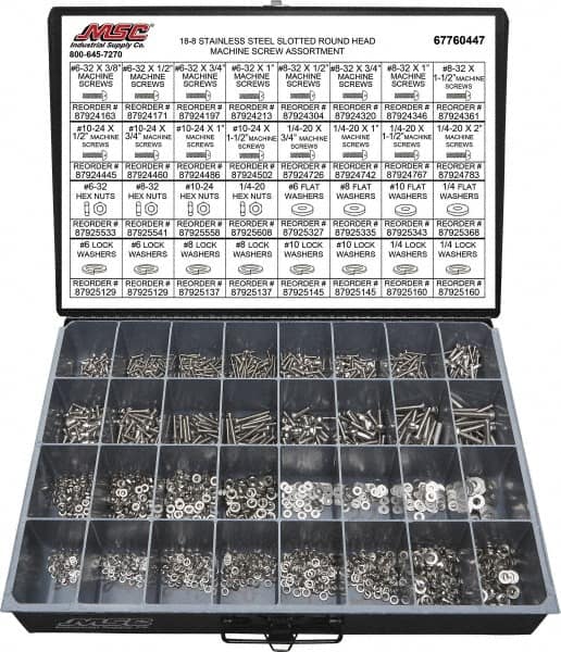 Value Collection - 2,200 Piece, #6-32 to 1/4-20, Stainless Steel Machine Screw Assortment - Round Head, Slotted Drive, 1/2 to 2" Long, Grade 18-8 - Americas Industrial Supply