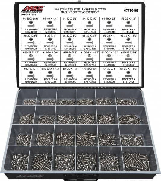 Value Collection - 1,950 Piece, #4-40 to 1/4-20, Stainless Steel Machine Screw Assortment - Pan Head, Slotted Drive, 3/16 to 1-1/2" Long, Grade 18-8 - Americas Industrial Supply