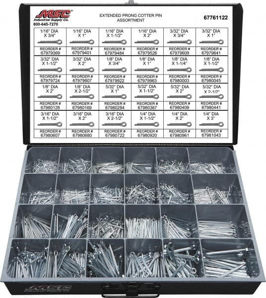 Value Collection - 2,325 Piece, 1/16 to 1/4" Pin Diam, Extended Prong Cotter Pin Assortment - 3/4 to 3" Long, Grade 2 Steel - Americas Industrial Supply