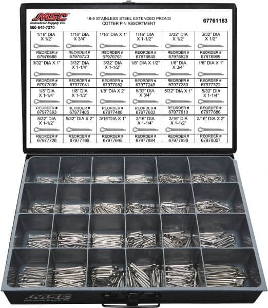 Value Collection - 1,250 Piece, 1/16 to 3/16" Pin Diam, Extended Prong Cotter Pin Assortment - 1/2 to 2" Long, 18-8 Stainless Steel - Americas Industrial Supply