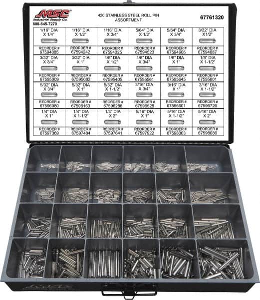 Value Collection - 115 Piece, 1/16 to 5/16" Pin Diam, Dowel Pin Assortment - 1/4 to 2" Long, 402 Stainless Steel - Americas Industrial Supply