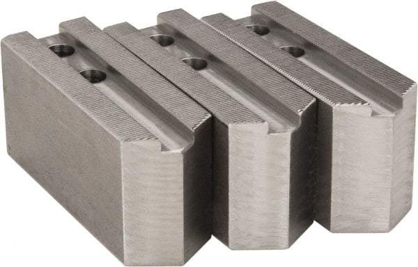 H & R Manufacturing - 1.5mm x 60° Serrated Attachment, Square Soft Lathe Chuck Jaw - 3 Jaws, Steel, 1.181" Btw Mount Hole Ctrs, 5" Long x 1-3/4" Wide x 2-1/2" High, 0.63" Groove, 12mm Fastener - Americas Industrial Supply