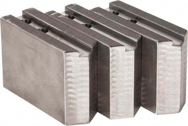 H & R Manufacturing - 1.5mm x 60° Serrated Attachment, Square Soft Lathe Chuck Jaw - 3 Jaws, Steel, 1.181" Btw Mount Hole Ctrs, 5" Long x 1-3/4" Wide x 3-1/2" High, 0.63" Groove, 12mm Fastener - Americas Industrial Supply