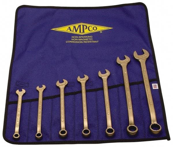 Ampco - 7 Piece, 3/8" to 7/8", 12 Point Combination Wrench Set - Inch Measurement Standard, Aluminum Bronze Finish, Comes in Roll-Up Pouch - Americas Industrial Supply