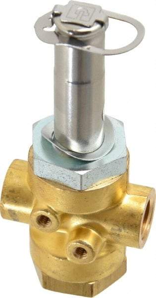Parker - 1/4" Port, Three Way, Direct Acting, Brass Solenoid Valve - Normally Open, 235 Max PSI, NBR Seal - Americas Industrial Supply