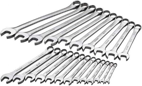 SK - 23 Piece, 8mm to 32mm, 12 Point Combination Wrench Set - Metric Measurement Standard, Chrome Finish, Comes in Rack - Americas Industrial Supply