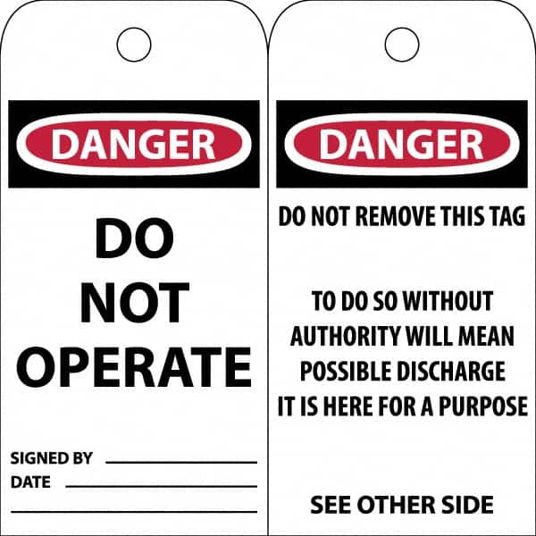 NMC - 3" High x 6" Long, DANGER \x96 DO NOT OPERATE, English Safety & Facility Accident Prevention Tag - Tag Header: Danger, 2 Sides, White Poly - Americas Industrial Supply