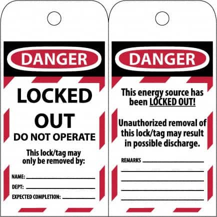 NMC - 3" High x 6" Long, LOCKED OUT - DO NOT OPERATE, English Safety & Facility Lockout Tag - Tag Header: Danger, 2 Sides, Black & Red Poly - Americas Industrial Supply