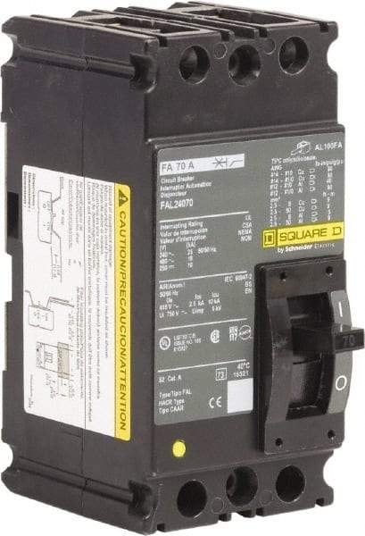 Square D - 70 Amp, 250 VDC, 480 VAC, 2 Pole, Panel Mount Molded Case Circuit Breaker - Thermal Magnetic Trip, 18 kA at 480/600 VAC Breaking Capacity, 12-1/0 (Aluminum), 14-1/0 (Copper) AWG, 4.13 Inch Deep x 6 Inch High x 3 Inch Long - Americas Industrial Supply
