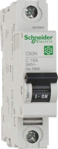 Schneider Electric - 16 Amp, 440 VAC, 1 Pole, DIN Rail Mounted Miniature Circuit Breaker - Magnetic Trip, Multiple Breaking Capacity Ratings, 18-4 AWG, 76mm Deep x 81mm High x 18mm Wide - Americas Industrial Supply