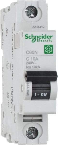 Schneider Electric - 10 Amp, 240/415 VAC, 1 Pole, DIN Rail Mounted Miniature Circuit Breaker - Thermal Magnetic Trip, 10 kA at 240 VAC Breaking Capacity, 14-4 AWG, 76mm Deep x 81mm High x 18mm Wide - Americas Industrial Supply