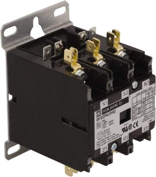 Square D - 3 Pole, 30 Amp Inductive Load, 24 Coil VAC at 50/60 Hz, Definite Purpose Contactor - Phase 1 and Phase 3 Hp: 10 at 230 VAC, 15 at 460 VAC, 2 at 115 VAC, 20 at 575 VAC, 5 at 230 VAC, 40 Amp Resistive Rating, CE, CSA, UL Listed - Americas Industrial Supply