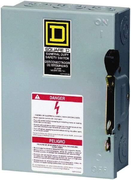 Square D - 30 Amp, 240 V, 2 Pole Fused Safety Switch - NEMA 1, 3 hp at 240 VAC (Single Phase), 7.5 hp at 240 VAC (Triple Phase), DPST Contact Form - Americas Industrial Supply