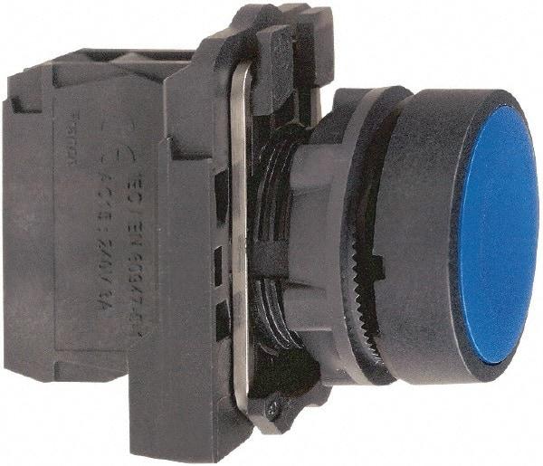 Schneider Electric - 22mm Mount Hole, Flush, Pushbutton Switch with Contact Block - Round, Blue Pushbutton, Momentary (MO) - Americas Industrial Supply