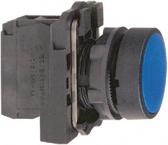 Schneider Electric - 22mm Mount Hole, Flush, Pushbutton Switch with Contact Block - Round, Blue Pushbutton, Momentary (MO) - Americas Industrial Supply