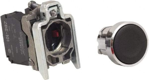 Schneider Electric - 22mm Mount Hole, Pushbutton Switch with Contact Block - Round, Black Pushbutton, Nonilluminated, Momentary (MO), Anticorrosive, Dust Resistant and Vaportight - Americas Industrial Supply