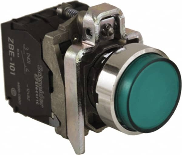 Schneider Electric - 0.87 Inch Mount Hole, Extended Straight, Pushbutton Switch - Round, Green Pushbutton, Illuminated, Momentary (MO), Anticorrosive, Dust Resistant and Vaportight - Americas Industrial Supply