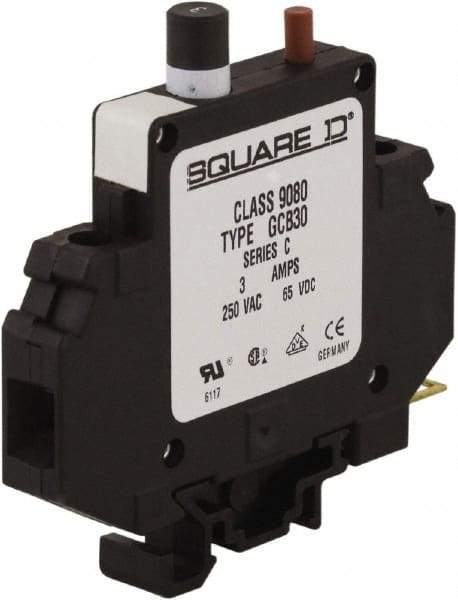Square D - 3 Amp, 250 VAC, 65 VDC, 1 Pole, DIN Rail Mount Circuit Protector - Thermal Magnetic Trip, 16-10 AWG, 64mm Deep x 80mm High x - Americas Industrial Supply