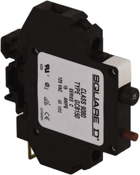 Square D - 15 Amp, 125 VAC, 65 VDC, 1 Pole, DIN Rail Mount Circuit Protector - Thermal Magnetic Trip, 16-10 AWG, 64mm Deep x 80mm High x - Americas Industrial Supply