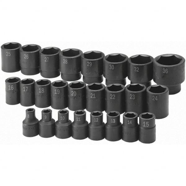 SK - 1/2" Drive Standard Impact Socket Set - 8 to 36mm, Metric Measurement Standard - Americas Industrial Supply