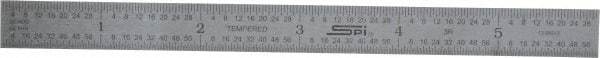 SPI - 6" Long, 1/64, 1/50, 1/32, 1/10" Graduation, Flexible Steel Rule - 3R Graduation Style, 1/2" Wide, Silver, Satin Chrome Finish - Americas Industrial Supply