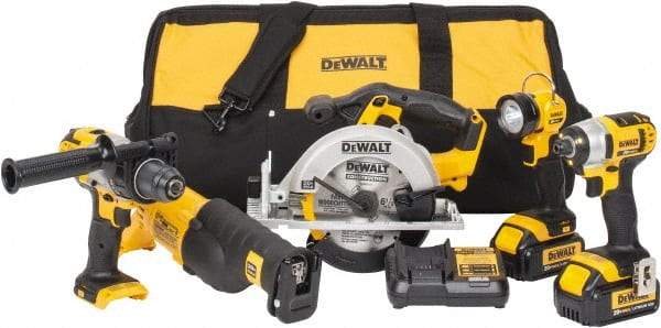 DeWALT - 5 Piece 20 Volt Cordless Tool Combination Kit - Includes 1/2" Hammerdrill, 1/4" Impact Driver, Reciprocating Saw, 6-1/2" Circular Saw & LED Worklight, Lithium-Ion Battery Included - Americas Industrial Supply