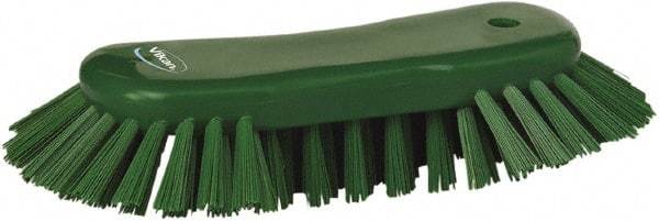 Vikan - 1.3" Bristle Length, Polyester Utility Scrub Brush - 7-3/4" Long x 3" Wide Head, 8" OAL, European Threaded Handle, Green, Polypropylene Block - Americas Industrial Supply