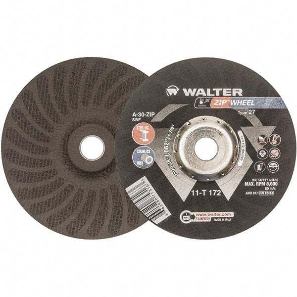WALTER Surface Technologies - 30 Grit, 7" Wheel Diam, 1/16" Wheel Thickness, 7/8" Arbor Hole, Type 27 Depressed Center Wheel - Aluminum Oxide, Resinoid Bond, 8,600 Max RPM - Americas Industrial Supply