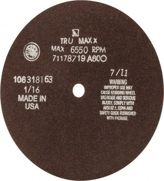 Tru-Maxx - 7" 60 Grit Aluminum Oxide Cutoff Wheel - 1/16" Thick, 1/2" Arbor, 5,184 Max RPM, Use with Stationary Tools - Americas Industrial Supply