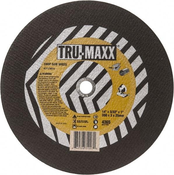 Tru-Maxx - 14" 36 Grit Aluminum Oxide Cutoff Wheel - 3/32" Thick, 1" Arbor, 4,365 Max RPM, Use with Chop Saws - Americas Industrial Supply