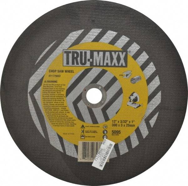Tru-Maxx - 12" 36 Grit Aluminum Oxide Cutoff Wheel - 3/32" Thick, 1" Arbor, 5,095 Max RPM, Use with Chop Saws - Americas Industrial Supply