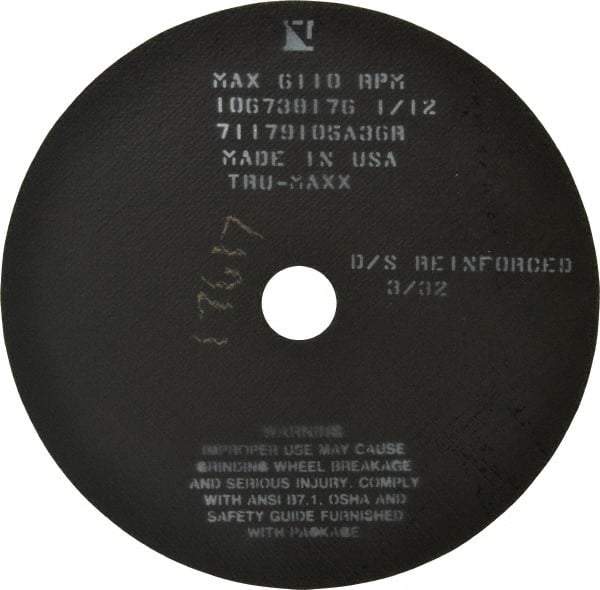 Tru-Maxx - 10" 36 Grit Aluminum Oxide Cutoff Wheel - 3/32" Thick, 1-1/4" Arbor, 6,112 Max RPM, Use with Stationary Tools - Americas Industrial Supply