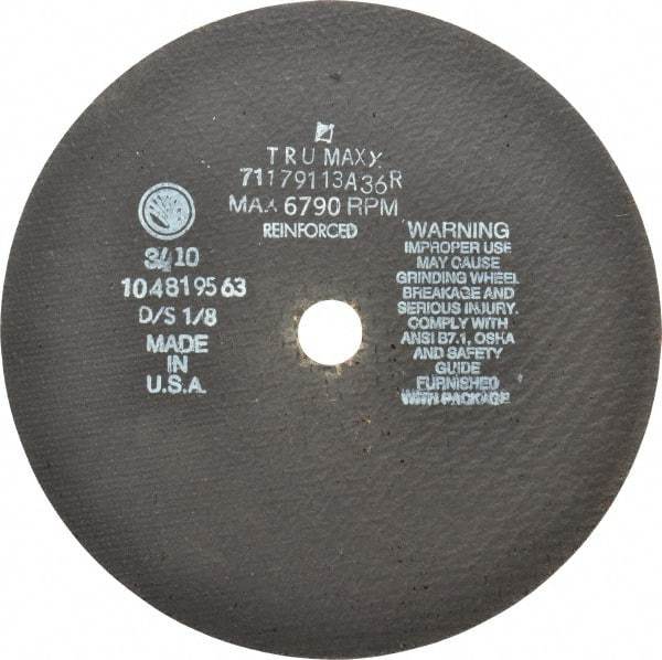 Tru-Maxx - 9" 36 Grit Aluminum Oxide Cutoff Wheel - 1/8" Thick, 7/8" Arbor, 6,791 Max RPM, Use with Angle Grinders - Americas Industrial Supply
