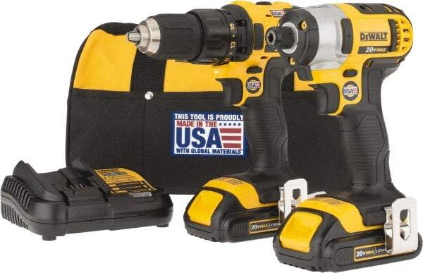 DeWALT - 9 Piece 20 Volt Cordless Tool Combination Kit - Includes 1/2" Drill/Driver & 1/4" Impact Driver, Lithium-Ion Battery Included - Americas Industrial Supply