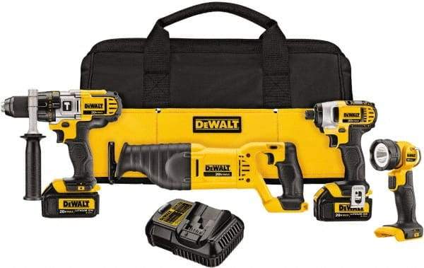 DeWALT - 10 Piece 20 Volt Cordless Tool Combination Kit - Includes 1/2" Hammerdrill, 1/4" Impact Driver & Reciprocating Saw & LED Worklight, Lithium-Ion Battery Included - Americas Industrial Supply