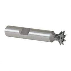 Made in USA - 1/2" Diam x 1/8" Width of Cut, 45° Included Angle, High Speed Steel Dovetail Cutter - 3/8" Shank Diam, 2" Shank Length, 2-1/8" Overall Length, Weldon Flat, Uncoated - Americas Industrial Supply